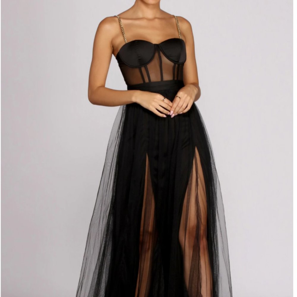 Windsor Black Cintra Chain Mesh Tulle Bustier Gown Dress Size S